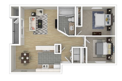 Floor plan for 2 beds, 1 bath, 852 sqft